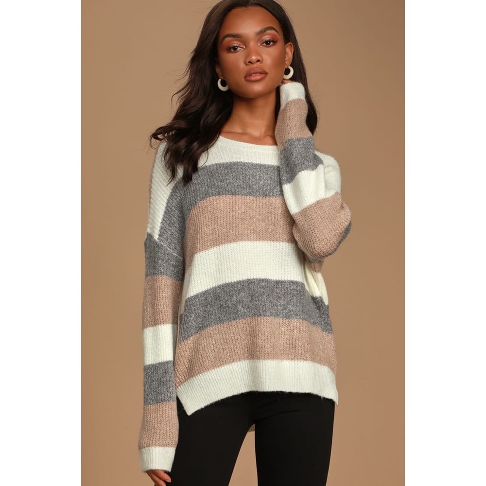 Lulu’s Come Get Cozy Ivory Multi Striped Knit Sweater Neutral Tone Pullover